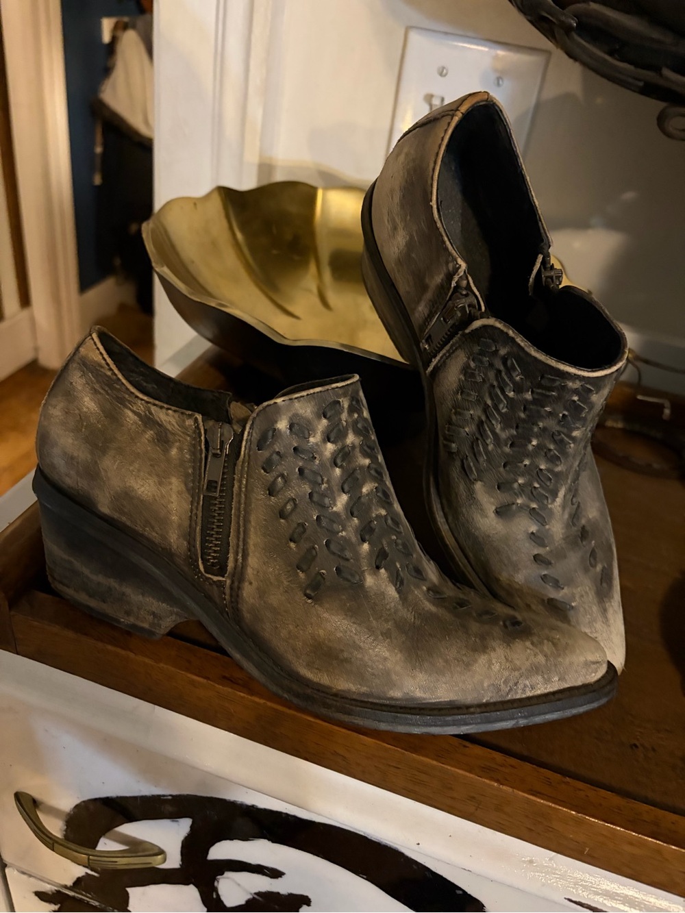 Free People Distressed Black and Tan Woven Accent Ankle Boots